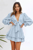 Sky Blue Deep V Neck Lantern Sleeve Knotted Tiered Mini Dress