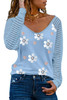 Sky Blue Daisy Print Mesh Patchwork Long Sleeve Top