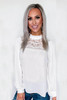 White Ruffled Crewneck Lantern Sleeve Splicing Lace Blouse