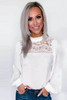 White Ruffled Crewneck Lantern Sleeve Splicing Lace Blouse