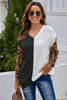 Leopard Print Contrast Color V Neck Sweater