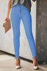 Sky Blue Plain High Waist Buttons Frayed Cropped Denim Jeans