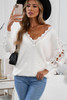 White Lace Splicing V Neck Pullover Sweater