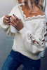 White Lace Splicing V Neck Pullover Sweater White Lace Splicing V Neck Pullover Sweater