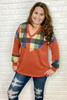 Orange Plaid Print Splicing V Neck Long Sleeve Plus Size Top