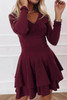 Wine Red Long Sleeve V Neck Tiered Ruffle A-line Mini Dress