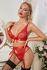 Red 3pcs Bow Knot Lace Bralette Set with Garter Belt