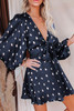 Blue Deep V Neck Balloon Sleeve Knotted Dot Print A-Line Dress