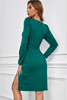 Green V Neck Long Sleeve Belted Side Split Bodycon Dress