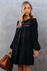 Black Crewneck Lantern Sleeve Hollow-Out Tiered Dress with Pocket