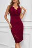 Red Lace Sleeveless Deep V Neck Bodycon Midi Dress