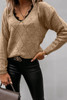 Brown Lace V Neck Drop-Shoulder Sleeve Pointelle Sweater