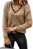 Brown Lace V Neck Drop-Shoulder Sleeve Pointelle Sweater