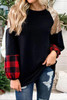 Crewneck Lantern Sleeve Plaid Sequin Splicing Pullover Sweatshirt