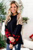 Crewneck Lantern Sleeve Plaid Sequin Splicing Pullover Sweatshirt