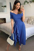 Blue V Neck Short Sleeve Ruffle Belted Midi Dress