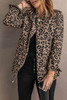 Brown Lapel Collar Zipper Drawstring Leopard Coat