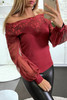 Red Off The Shoulder Lace Sheer Puff Sleeve Blouse