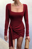 Wine Red Square Neck Tie Knot Long Sleeve Mini Dress