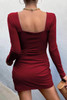 Wine Red Square Neck Tie Knot Long Sleeve Mini Dress