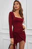 Wine Red Square Neck Tie Knot Long Sleeve Mini Dress