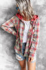 Red Drawstring Plaid Hooded Shirt Coat