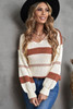 Color Block V-neck Knitted Lantern Sleeve Pullover Sweater