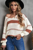 Color Block V-neck Knitted Lantern Sleeve Pullover Sweater