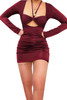 Burgundy Long Sleeve Halter Square Neck Hollow-out Ruched Bodycon Mini Dress