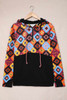 Black Boho Print Color Block Patchwork Zip Collar Sweatshirt