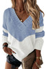 Sky Blue Colorblock V Neck Casual Sweater