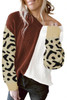 Brown Leopard Print Contrast Color V Neck Sweater