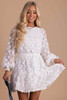 White Textured Dot Bubble Sleeve Tie Waist Mini Dress