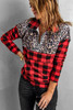 Buffalo Plaid Leopard Splicing Zipper Collar Pullover Sweatshirt