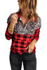 Buffalo Plaid Leopard Splicing Zipper Collar Pullover Sweatshirt