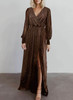 Brown Side Split Rhinestone V Neck Maxi Dress