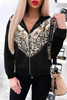 Black Chevron Sequin Leopard Patchwork Zip up Jacket