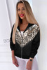 Black Chevron Sequin Leopard Patchwork Zip up Jacket