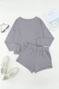 Grey Ribbed Knit Drop-Shoulder Sleeve Top and Shorts Lounge Set