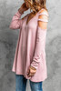 Pink Zip Neck Cut-out Waffle Knit Long Sleeve Top