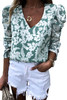 Green V Neck Puff Sleeve Floral Print Blouse