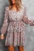 Brown Leopard Buttoned Tie Waist Ruffle Puff Sleeve Mini Dress