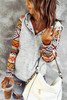 Gray Tribal Print Long Sleeve Button Neckline Drawstring Hoodie