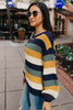 Blue Striped Puff Sleeve Knitted Pullover Sweater