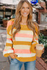Yellow Striped Puff Sleeve Knitted Pullover Sweater