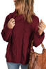 Wine Solid Turtleneck Cable Knit Pullover Sweater