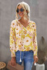 Yellow Tasseled Drawstring V Neck Floral Bibshop Sleeve Blouse