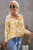 Yellow Tasseled Drawstring V Neck Floral Bibshop Sleeve Blouse