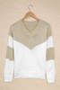 Khaki Colorblock V Neck Casual Sweater