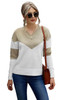 Khaki Colorblock V Neck Casual Sweater